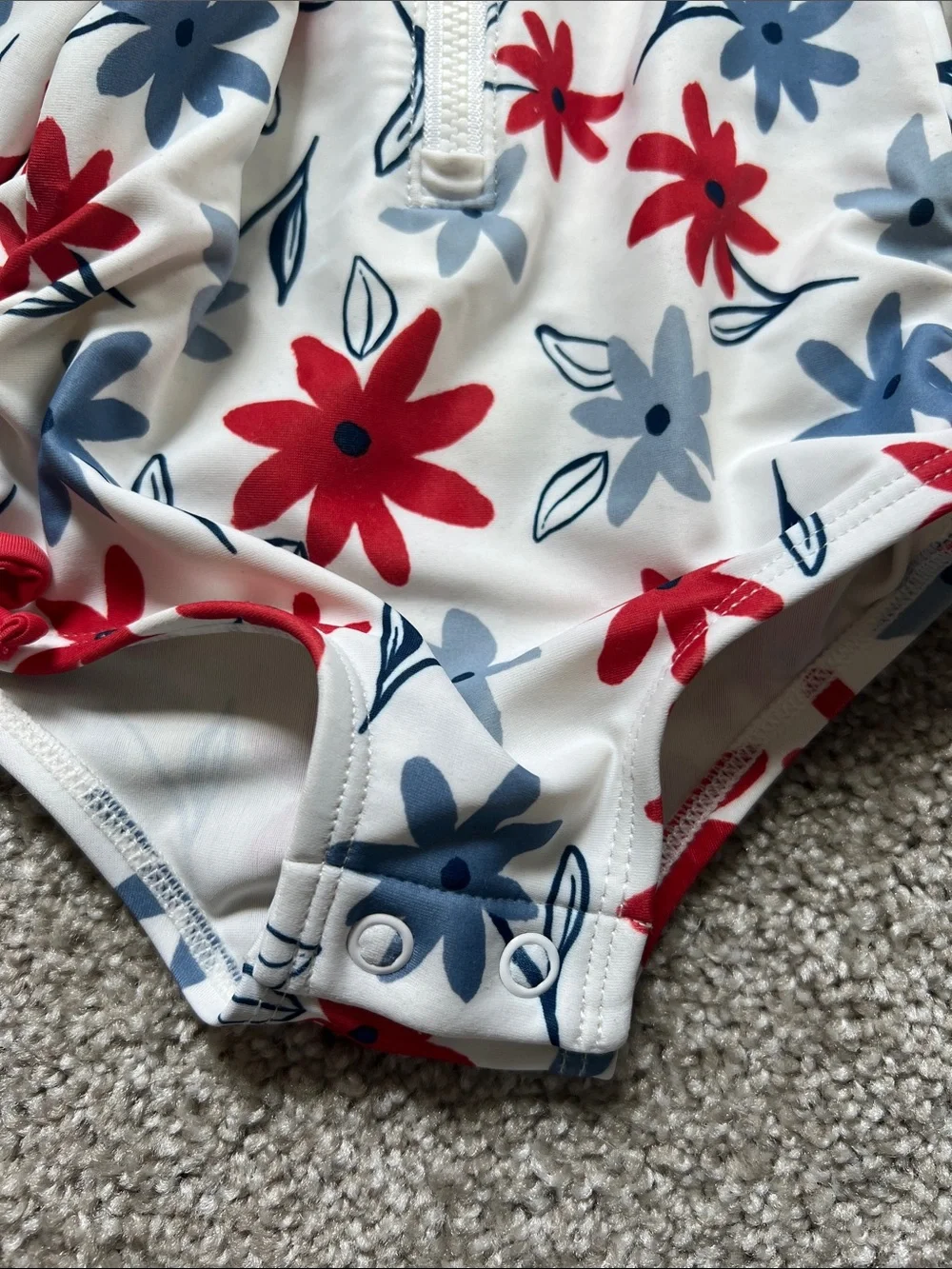 Carter's White Long Sleeve Swimsuit with Red & Navy Floral Print